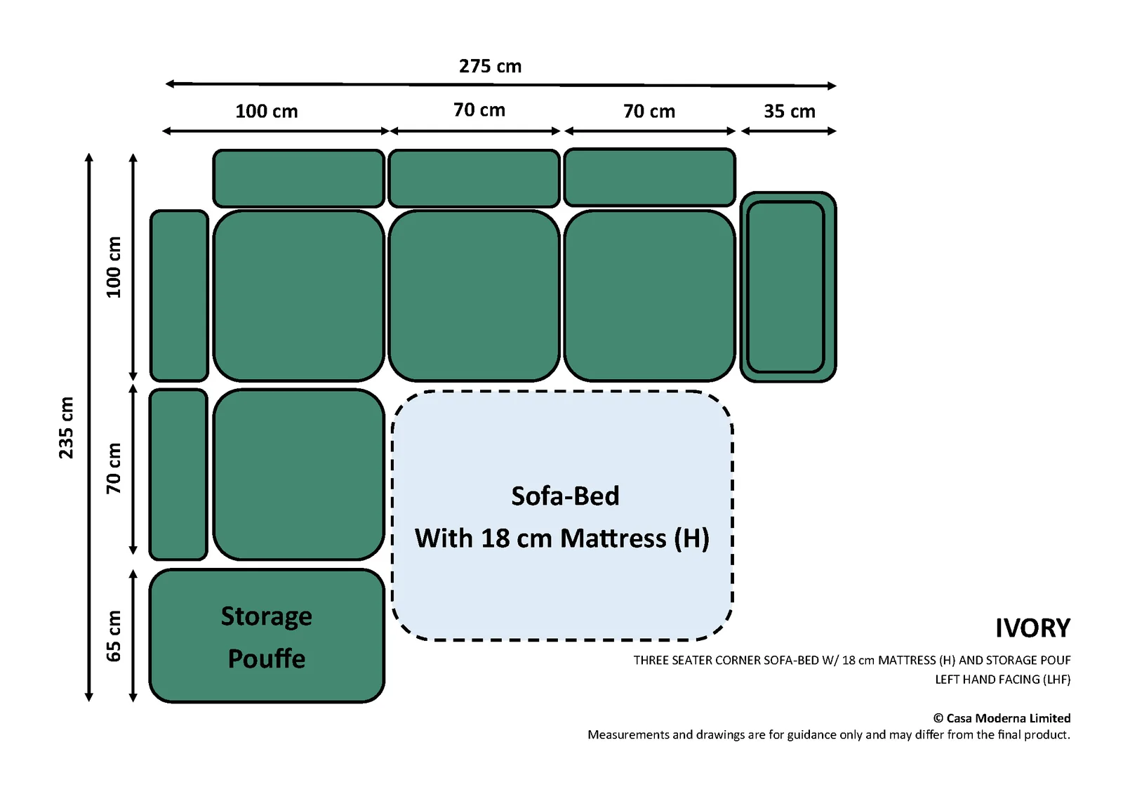 Three Seater Corner Sofa-Bed (18cm Mattress) · Left Hand Facing