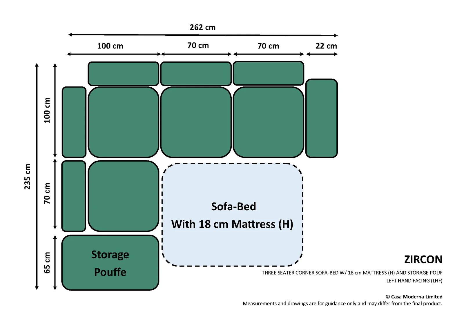 Three Seater Corner Sofa-Bed (18cm Mattress) · Left Hand Facing