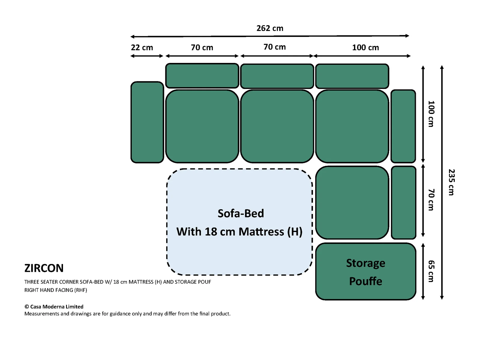 Three Seater Corner Sofa-Bed (18cm Mattress) · Right Hand Facing