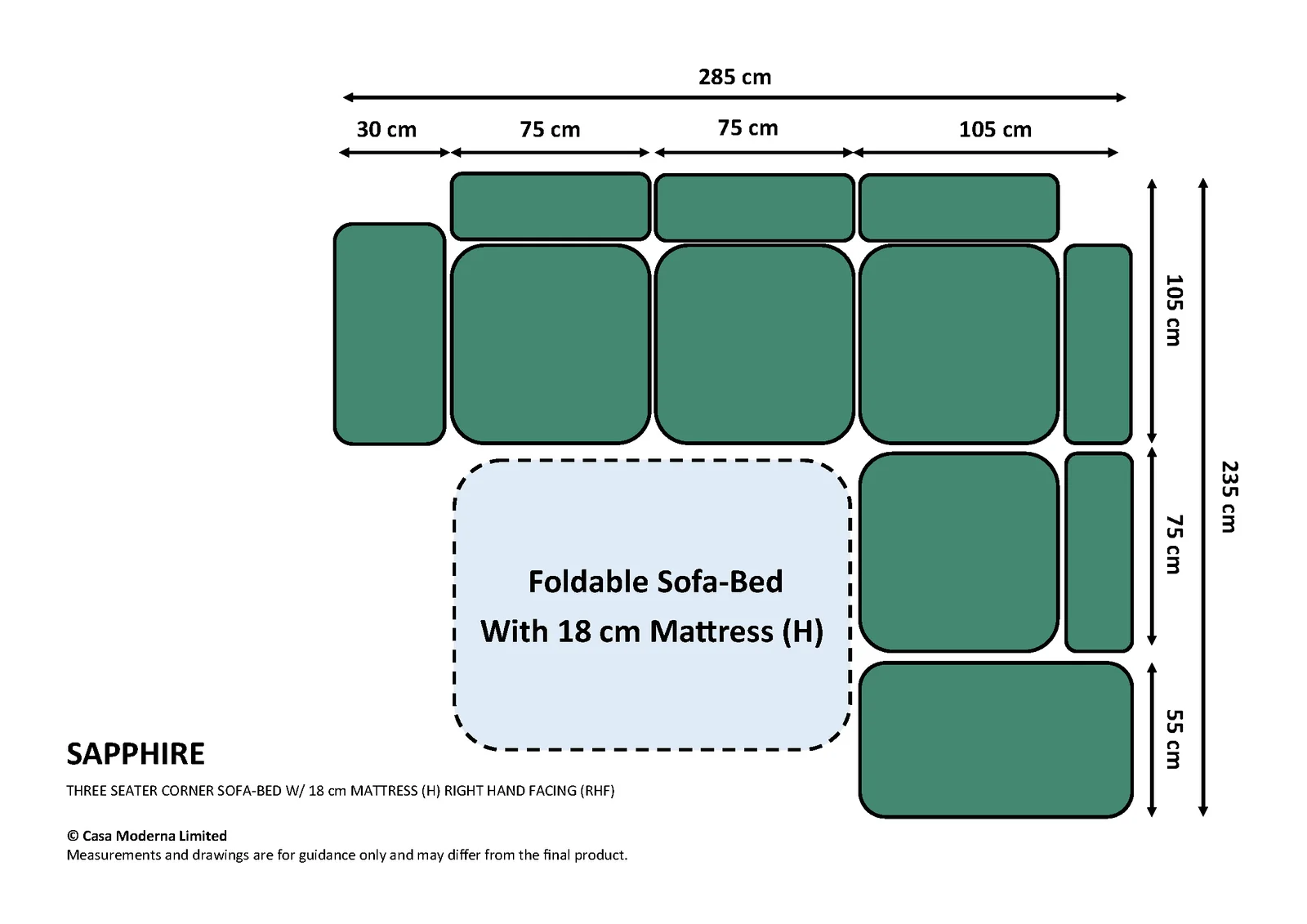 Three Seater Corner Sofa-Bed (18cm Mattress), Right Hand Facing