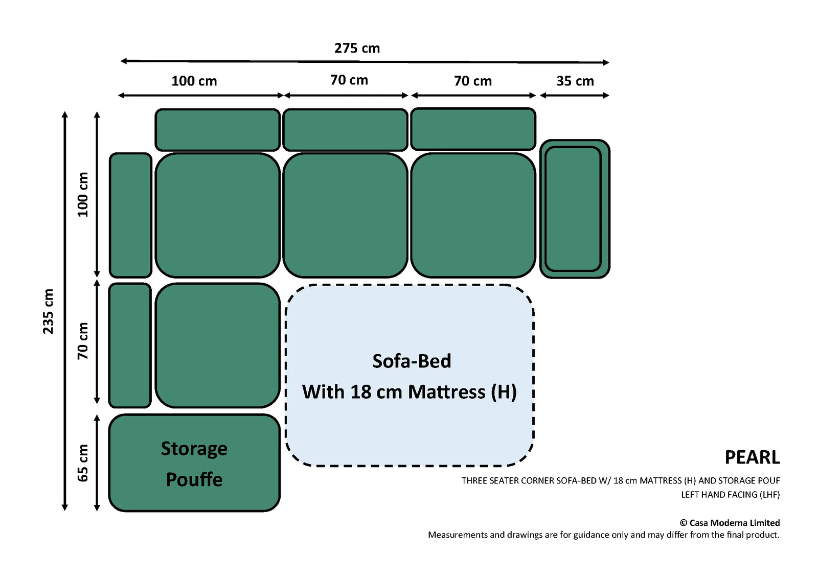 Three Seater Corner Sofa-Bed (18cm Mattress) · Left Hand Facing