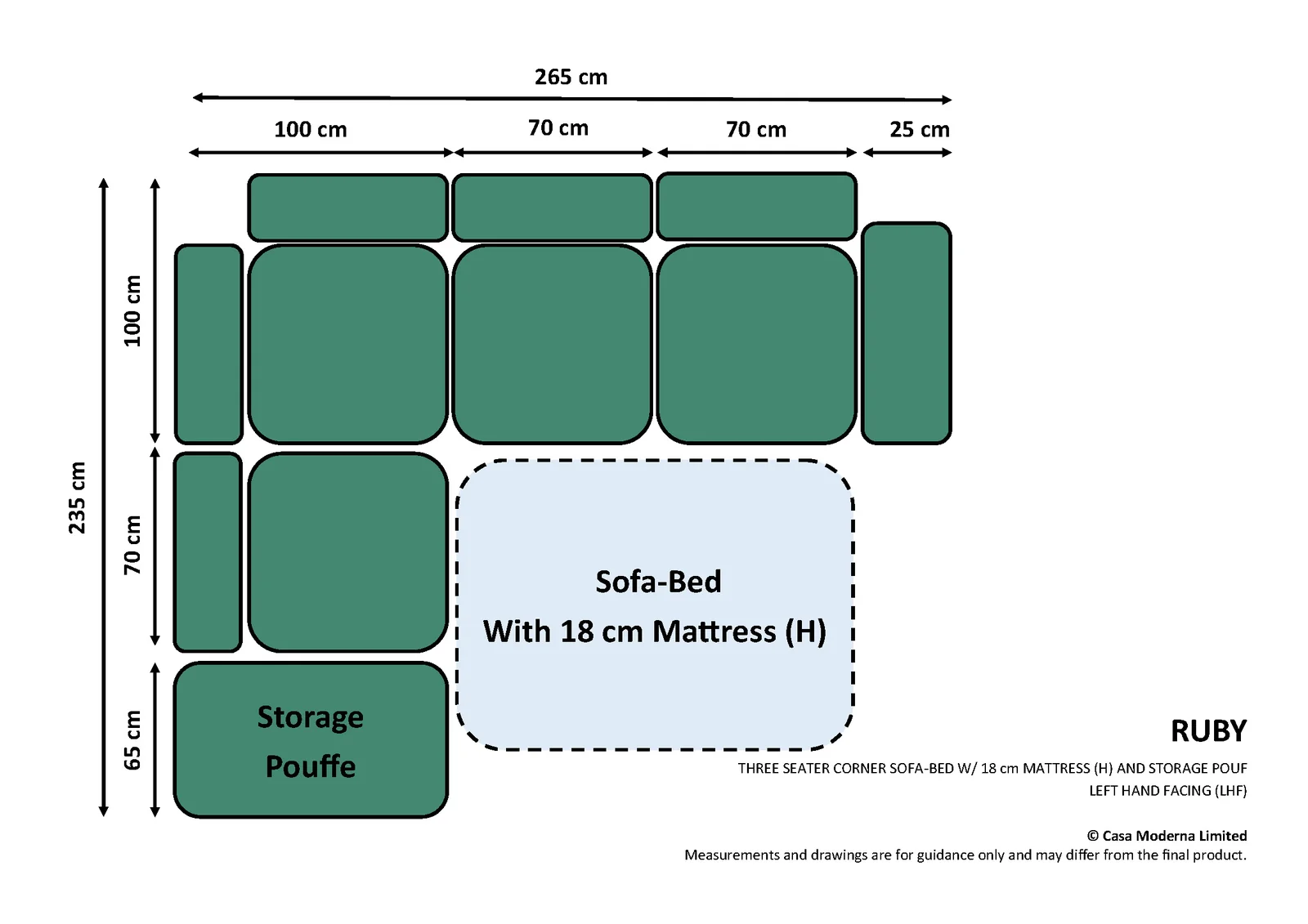 Three Seater Corner Sofa-Bed (18cm Mattress) · Left Hand Facing