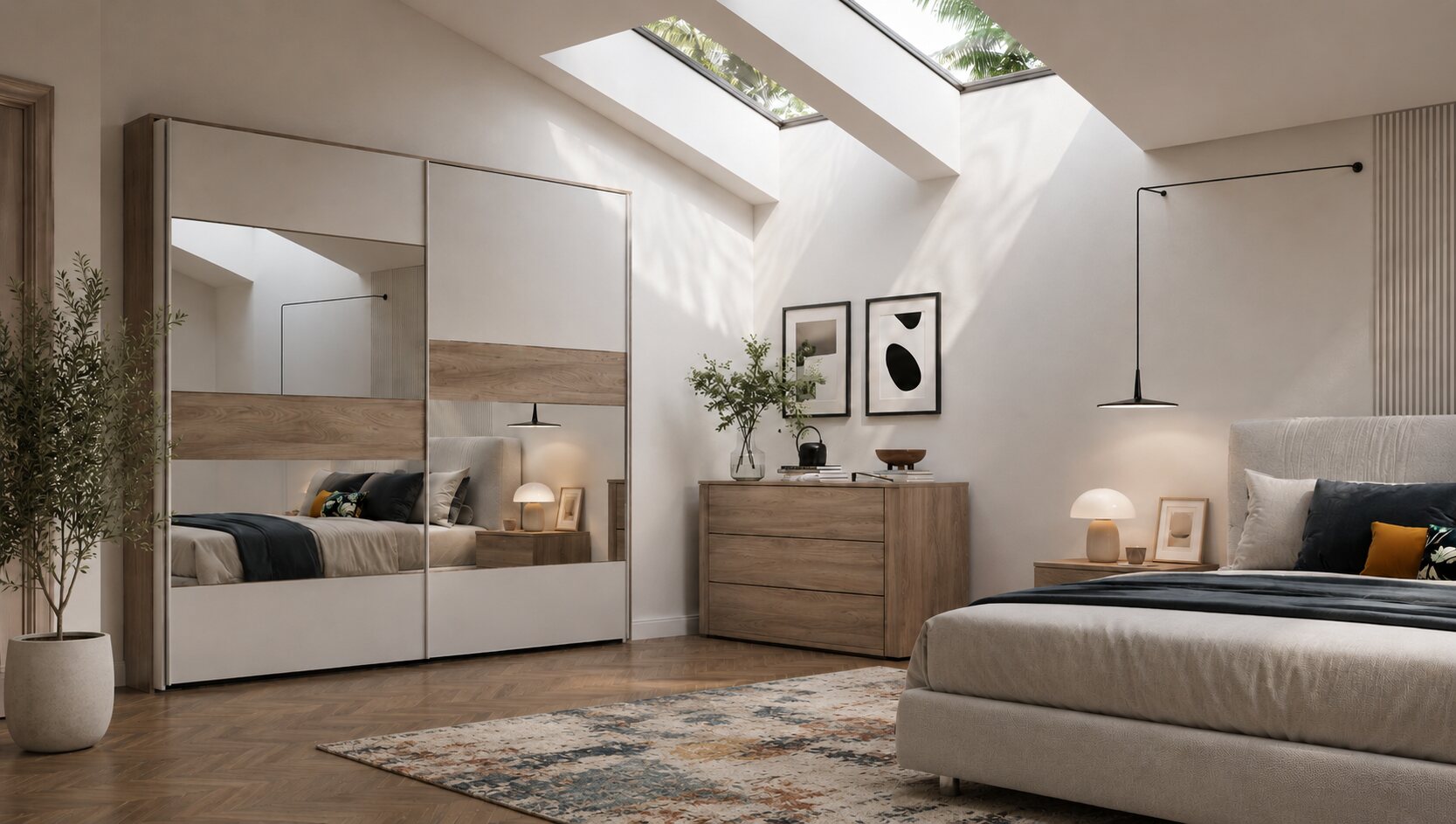 Chest of drawers and bedside chests in a pale wood finish