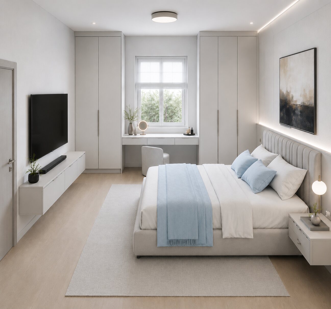 Made-to-measure fitted wardrobes along a bedroom wall