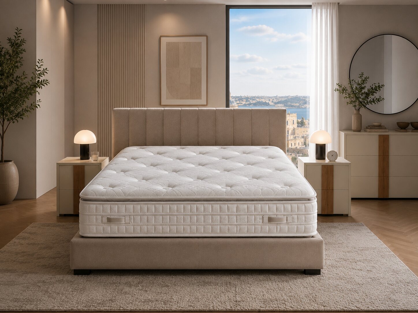 Quilted mattress on an upholstered bed base