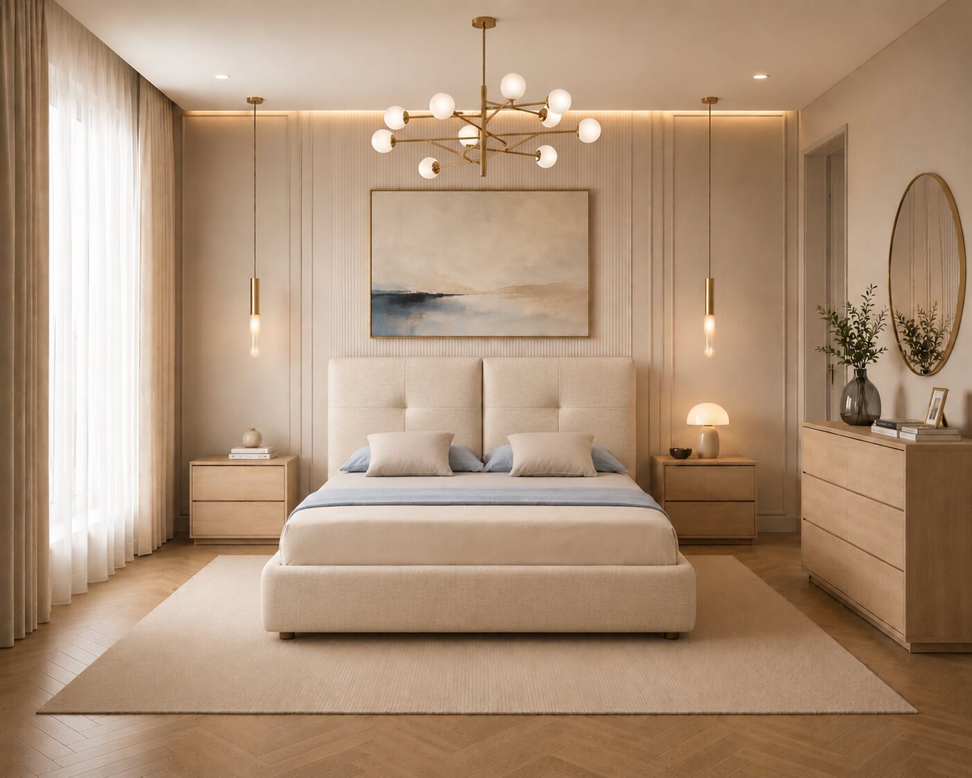 Upholstered bed with a fluted headboard and matching bedside units