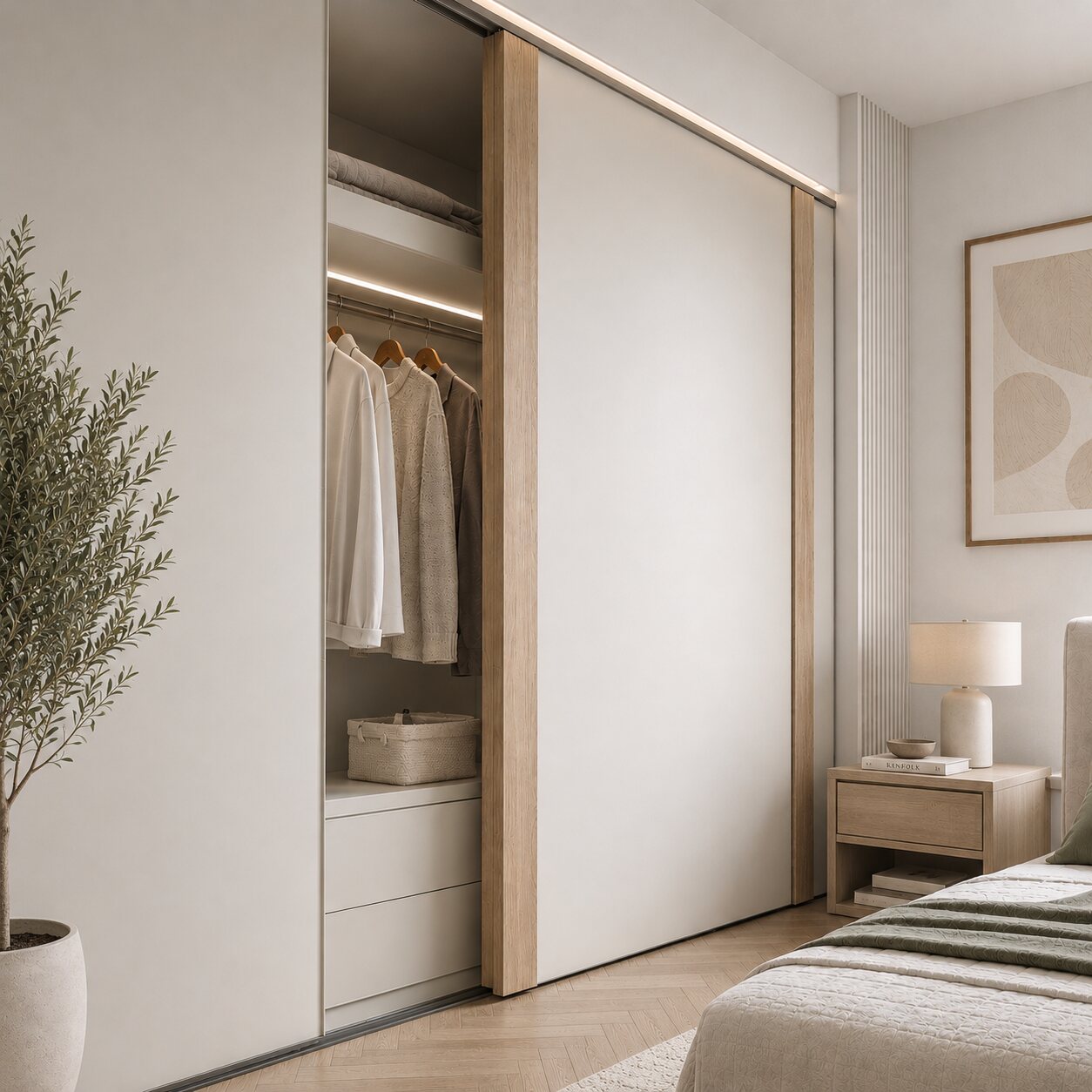 Fitted wardrobe run with glass display doors and interior lighting