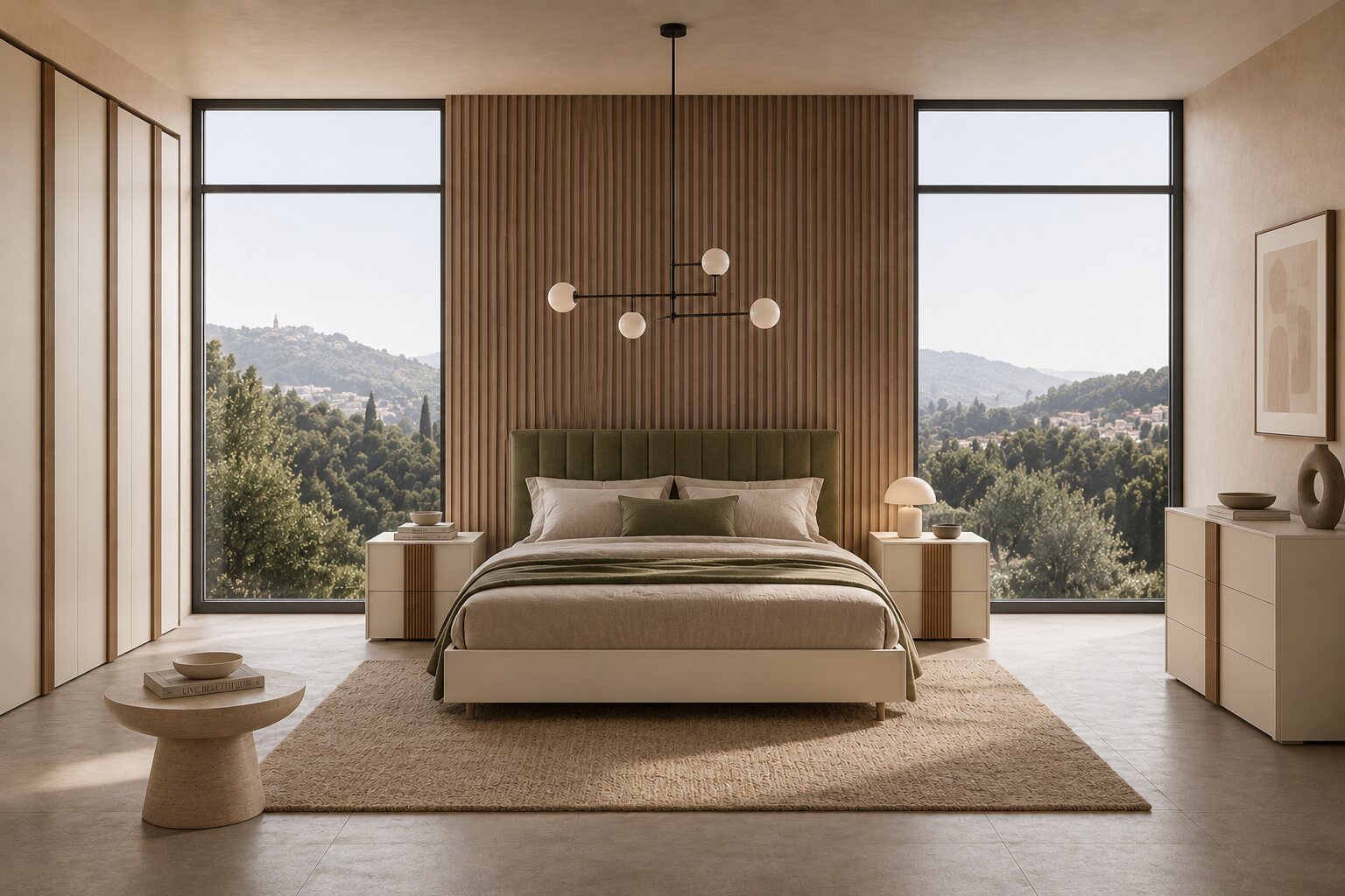 Upholstered bed against a fluted wood wall with a valley view