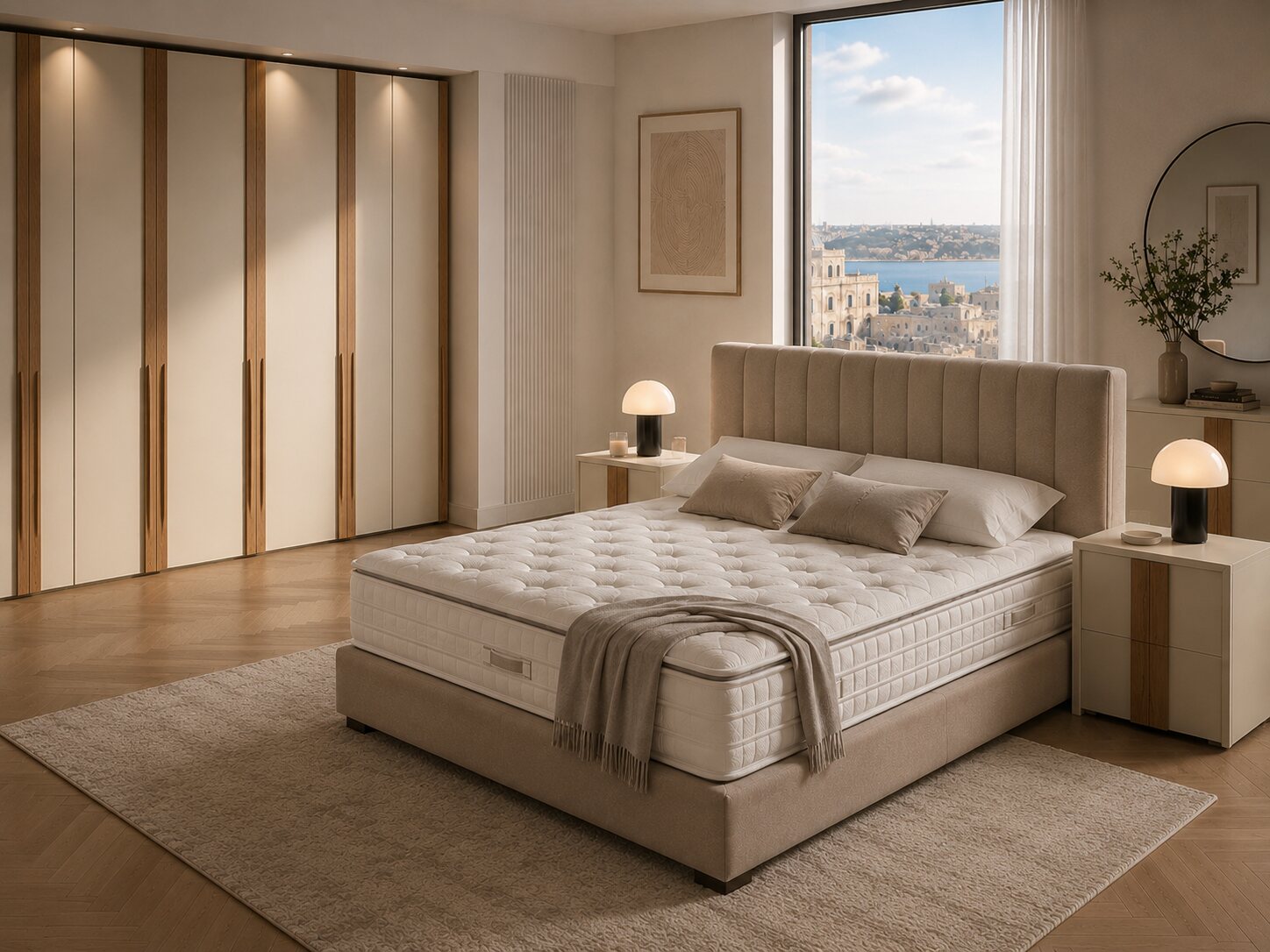 Bedroom with a quilted mattress, fitted wardrobes and a sea view