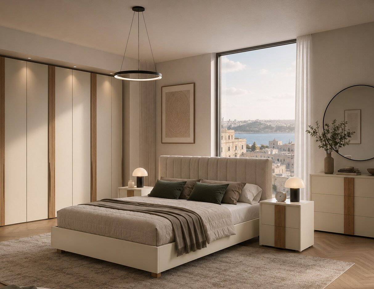 Contemporary bedroom with an upholstered bed, fitted wardrobes and bedside units
