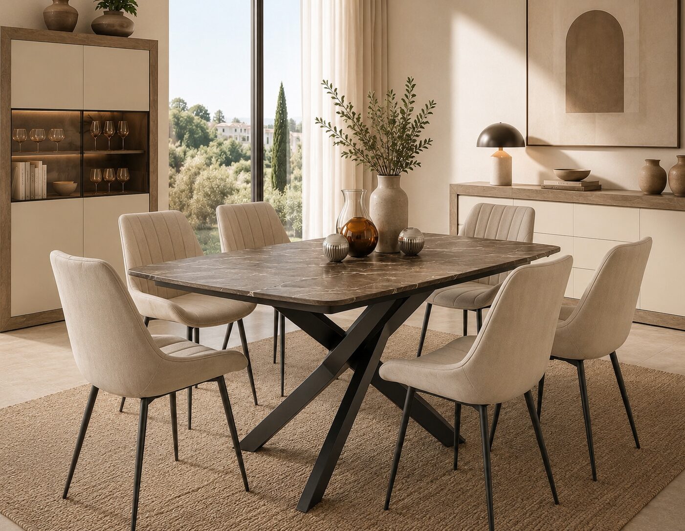 Contemporary dining room with a stone-top extending table and six upholstered chairs