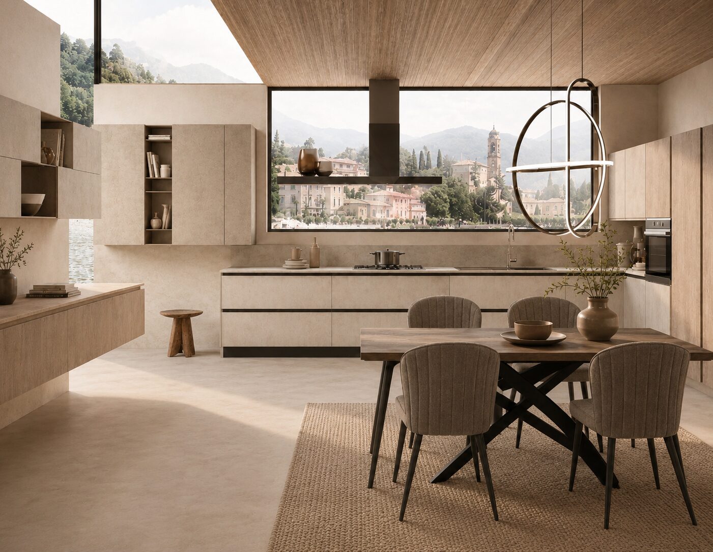 Contemporary kitchen in warm stone tones with a wood-clad ceiling and dining table