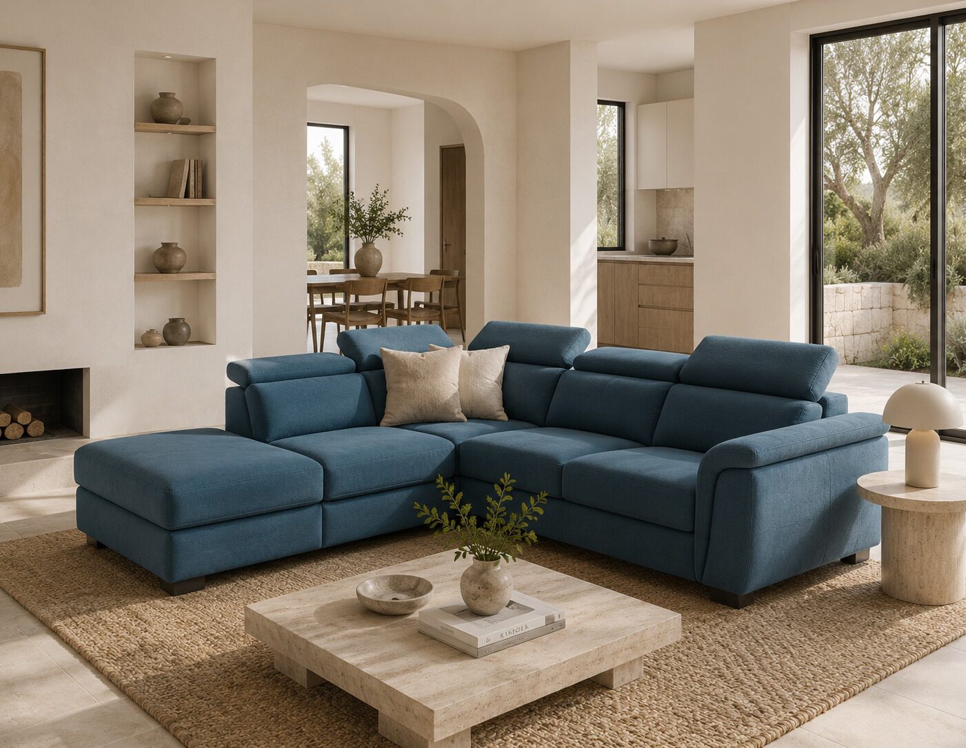 Contemporary living room with a blue fabric corner sofa and low coffee table