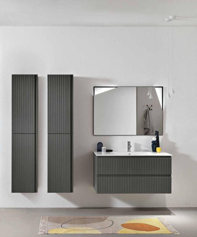 Marea anthracite fluted vanity and tall columns in a bathroom