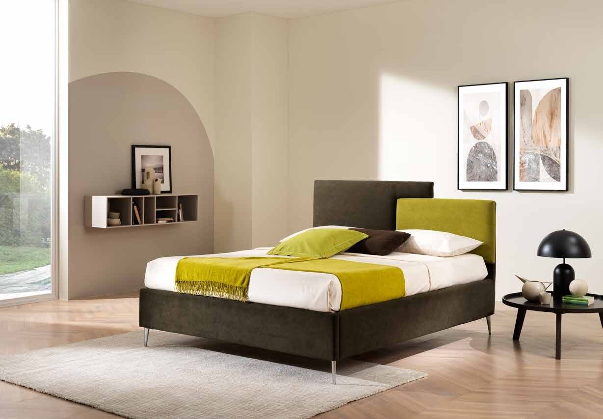 Ursa bed with two overlapping headboard panels in olive and lime