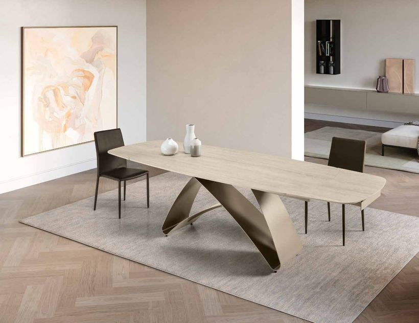 Amici extending table with a travertine-effect top