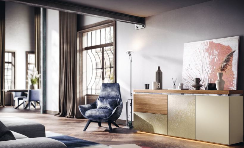 Mural sideboard in walnut, stone effect and taupe in a living room