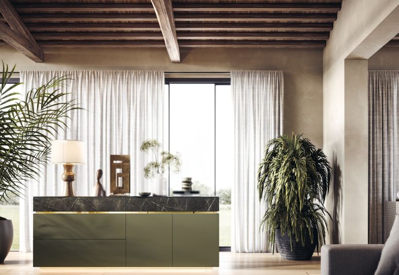 Salon sideboard in green with a dark marble-effect band