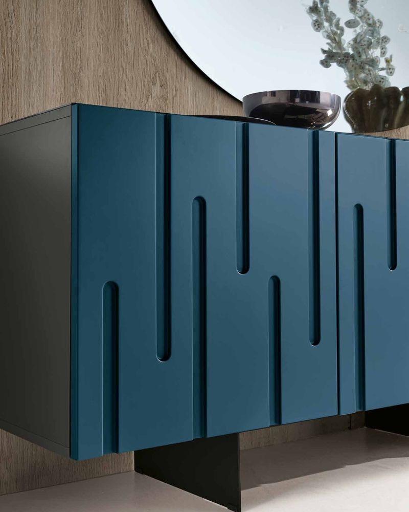 The grooved blue doors of the Degas sideboard, close up