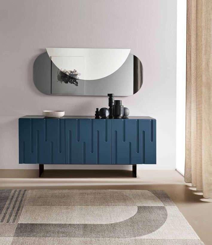 Degas sideboard in blue with grooved doors, on a black base