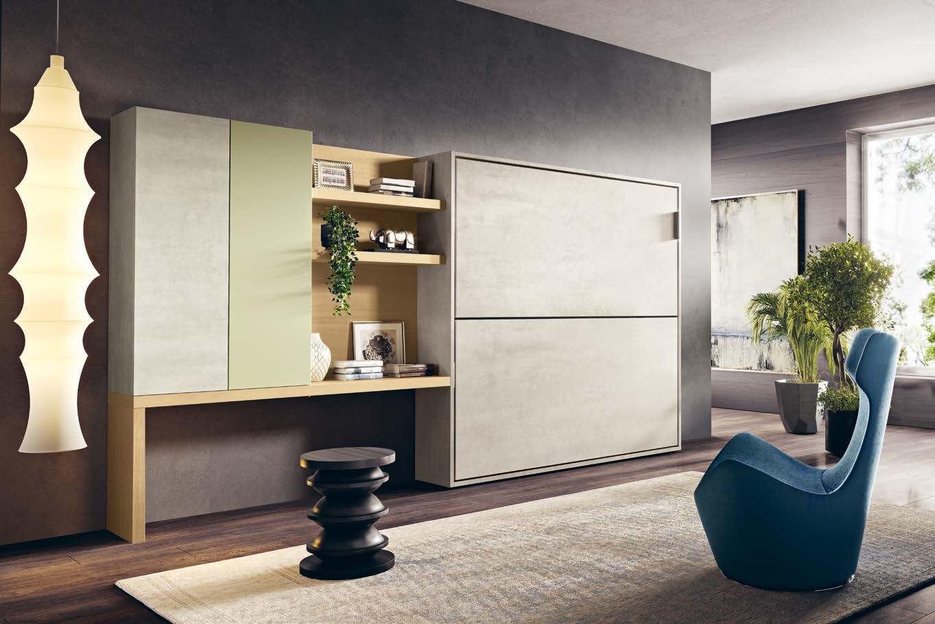 Happy bunk wall bed closed beside a desk and shelving