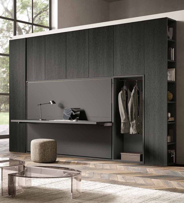 Sweet wall closed, with a desk and wardrobes in dark oak
