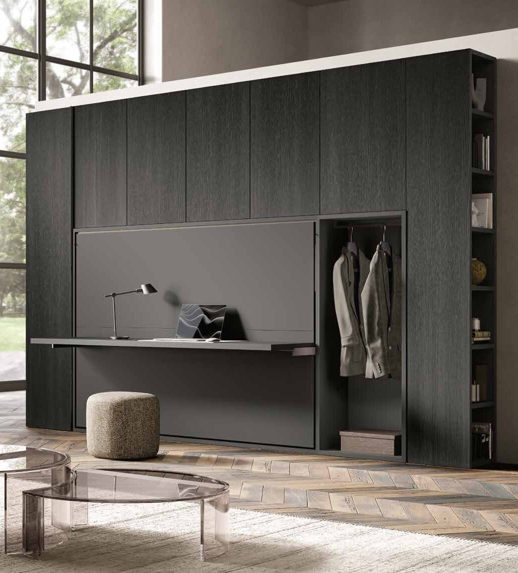 Sweet wall closed, with a desk and wardrobes in dark oak