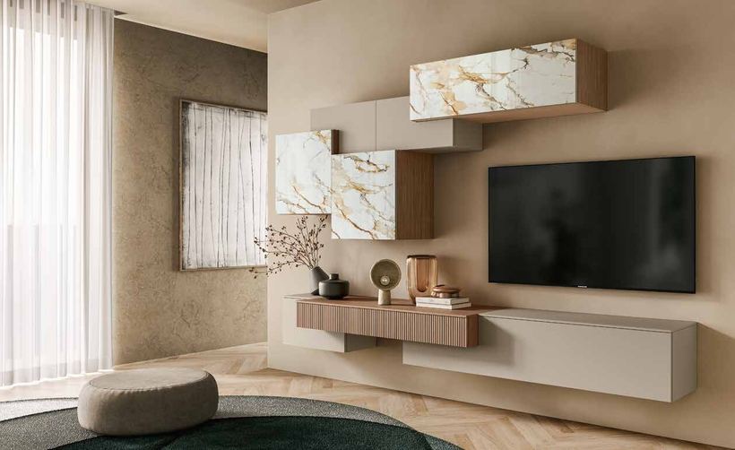 Ridge wall-hung living composition with marble-print glass and walnut