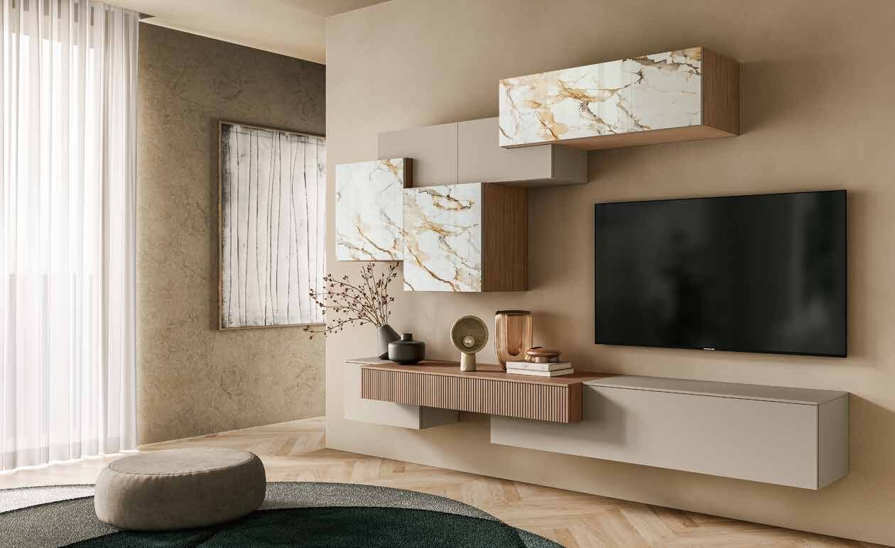 Ridge wall-hung living composition with marble-print glass and walnut