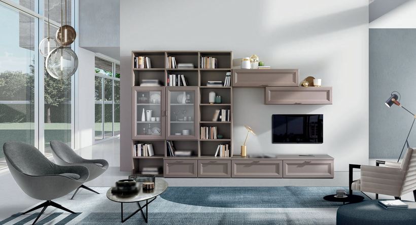 Cima bookcase wall unit in taupe in a living room