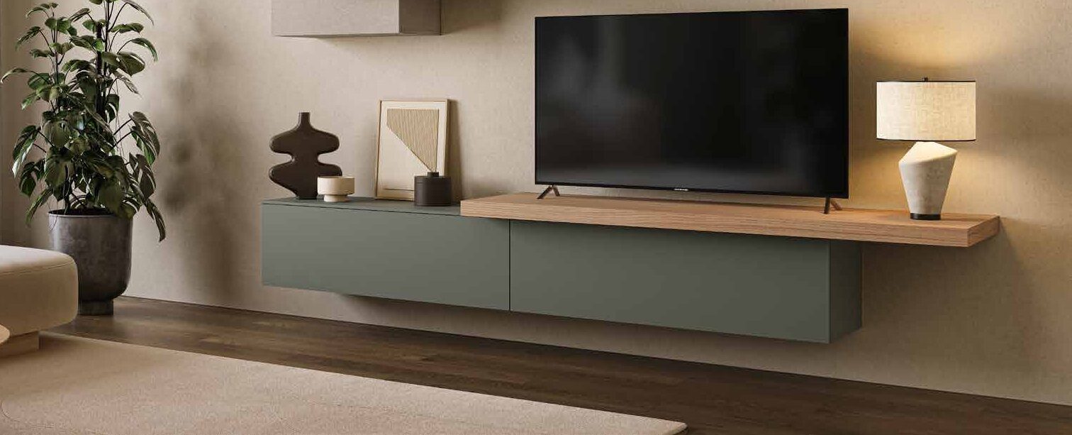 Cliff wall units in sage green over a walnut shelf