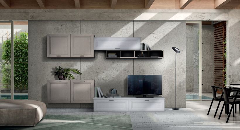 Colle wall unit with framed cabinets at two heights