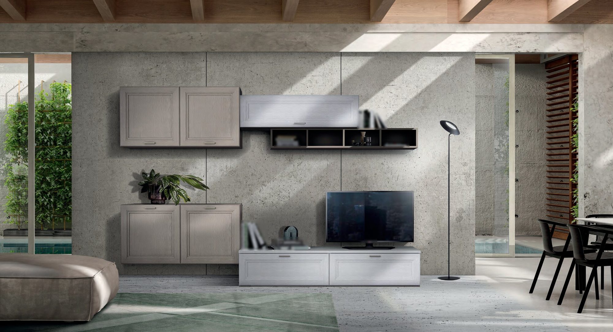 Colle wall unit with framed cabinets at two heights