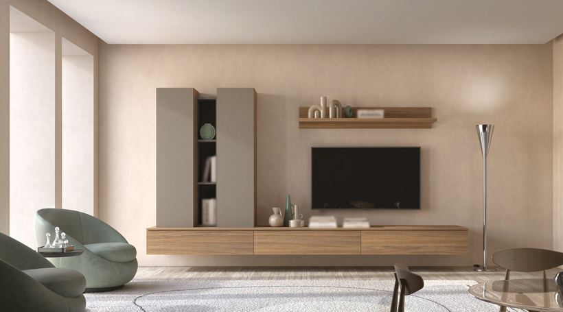 Nevis wall unit with a long walnut drawer run and slim upright cabinets
