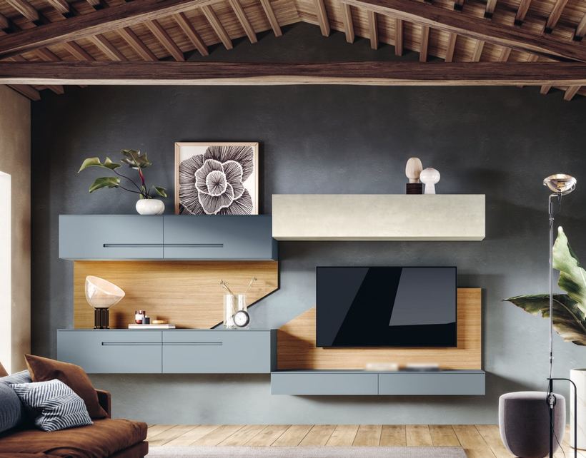 Gorge wall unit in blue-grey, white and walnut around a television