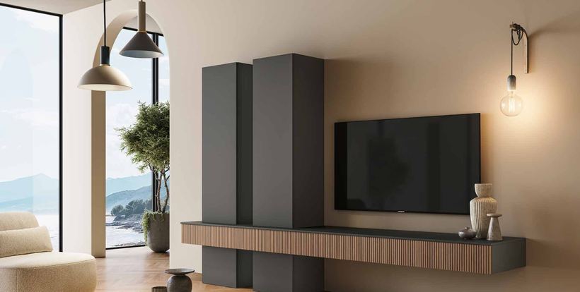 Glen living wall with tall slate-grey columns and a walnut drawer unit