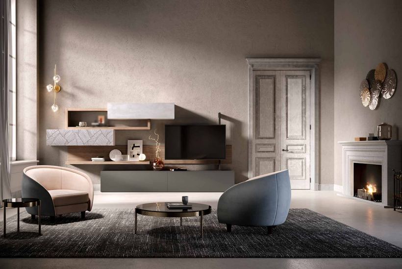 Crag wall unit with a long grey base and walnut shelves in a living room