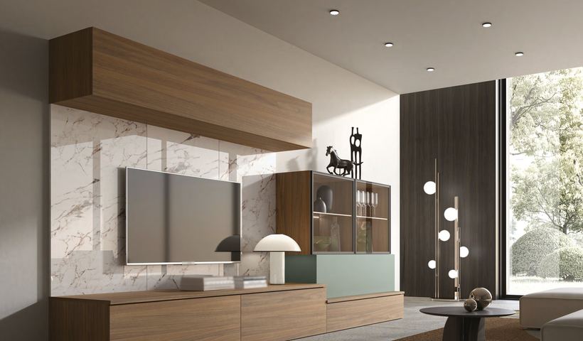 Teide wall unit in walnut with marble-effect panels