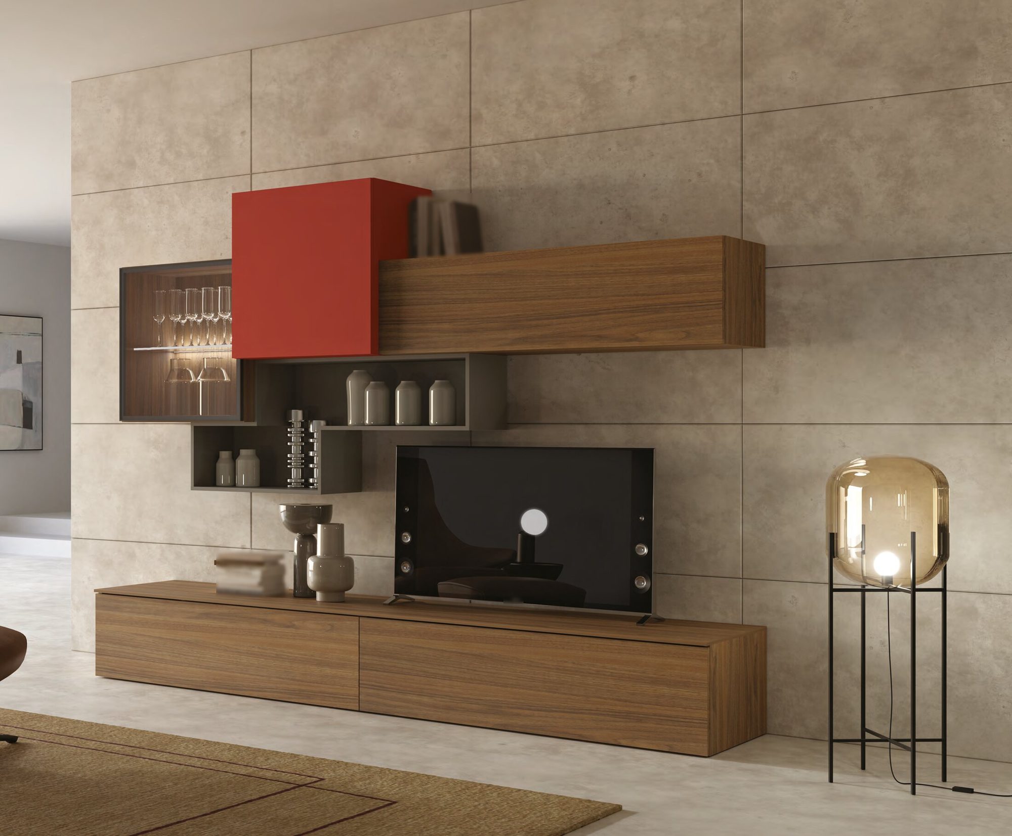 Picco compact TV wall in walnut with a terracotta cabinet
