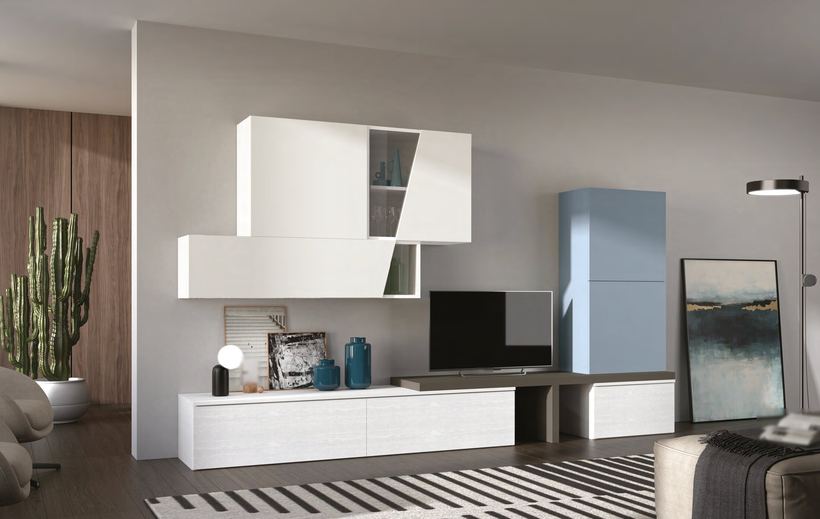 Eiger wall unit in white with dusty blue cabinets and a bench