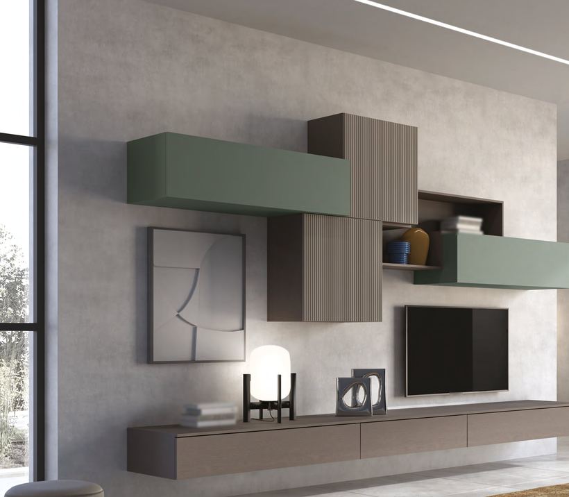 Vetta wall unit with sage-green flaps and fluted cabinets