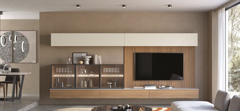Rocky wall unit in light walnut with lit bronze-glass cabinets