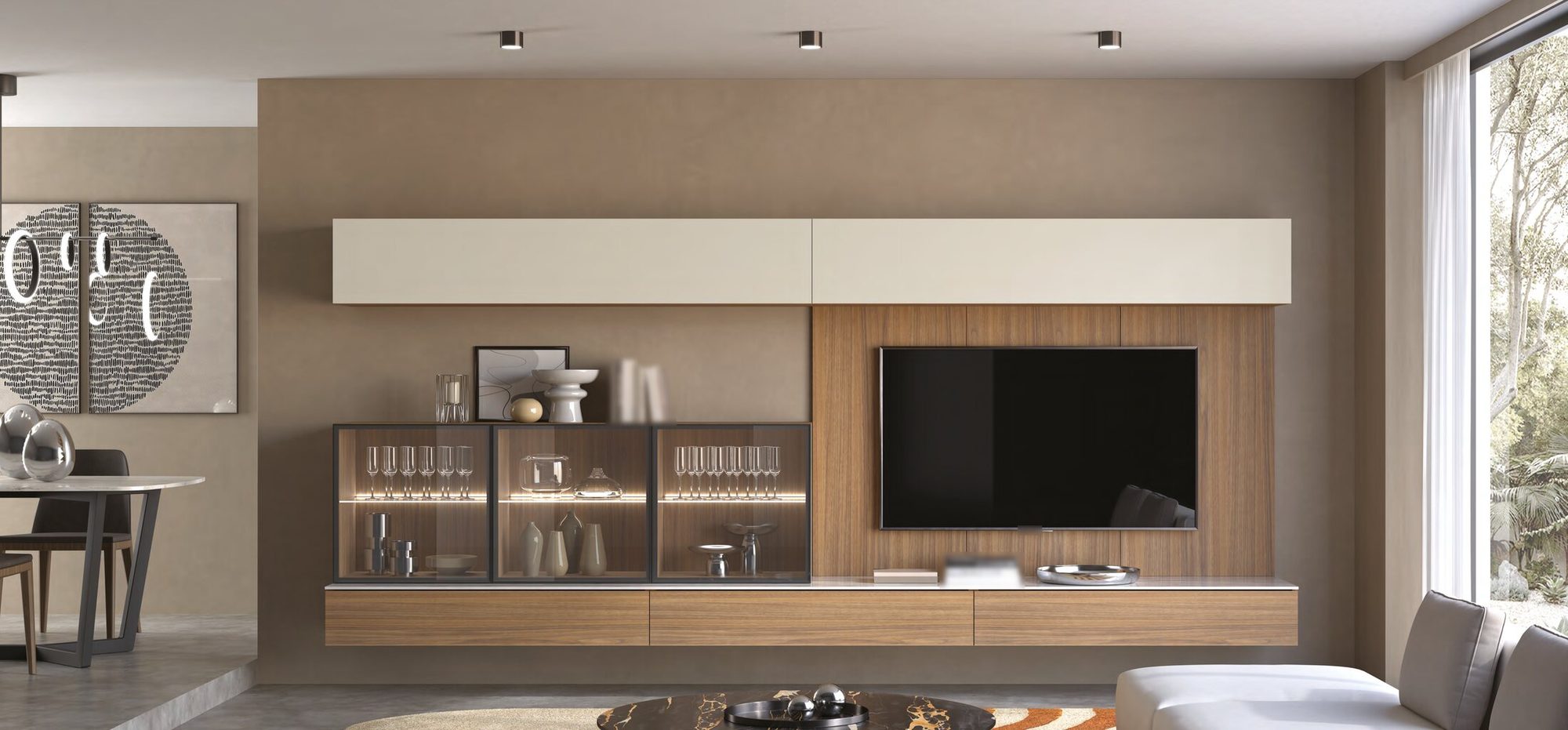 Rocky wall unit in light walnut with lit bronze-glass cabinets