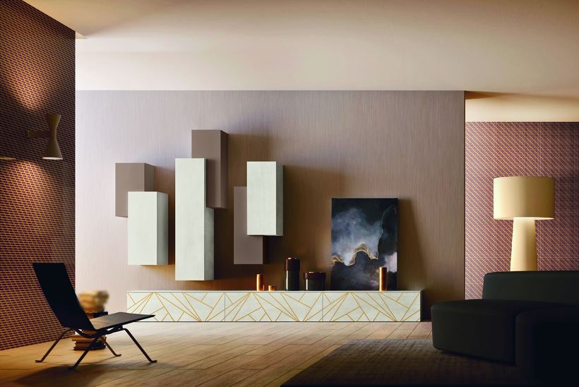 Glade wall unit with golden lines on a white base and slim vertical units