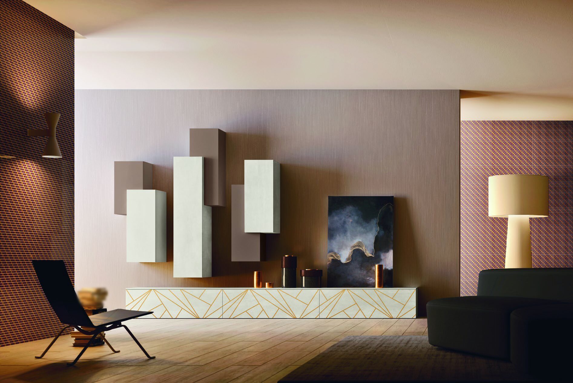 Glade wall unit with golden lines on a white base and slim vertical units