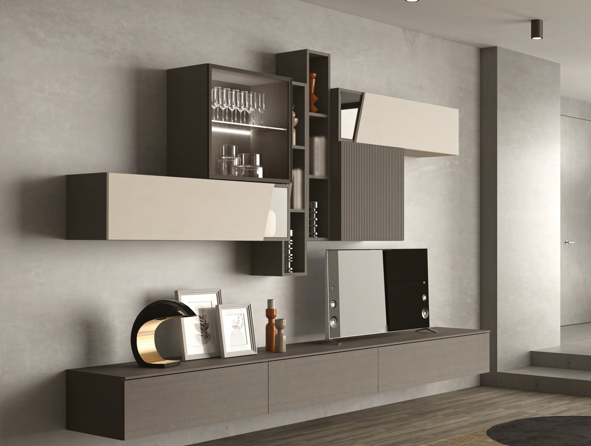 Tatra wall unit with flaps, a fluted door and tall open boxes