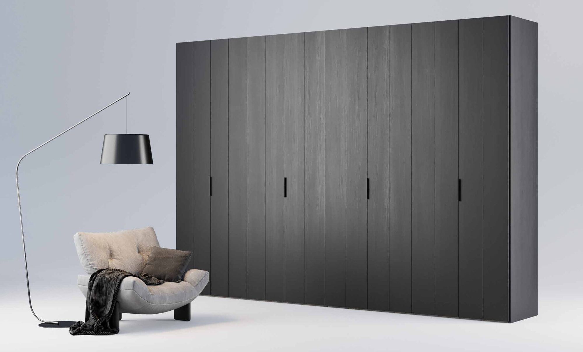 Doze hinged wardrobe in dark oak with banded doors