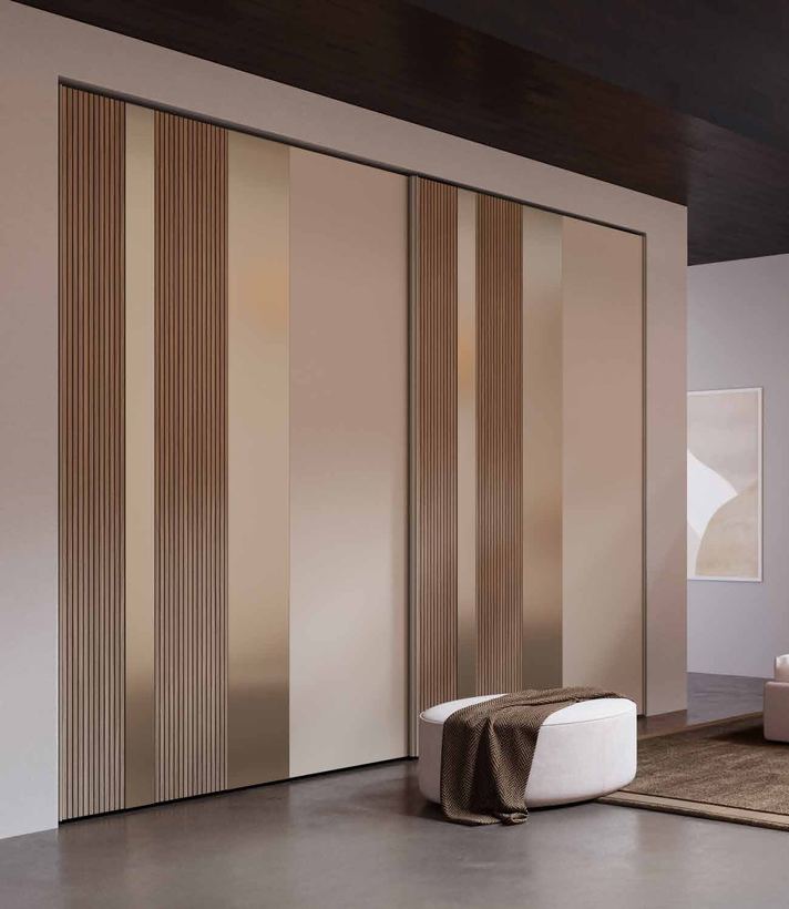Vita sliding wardrobe with cream panels and bronze glass strips