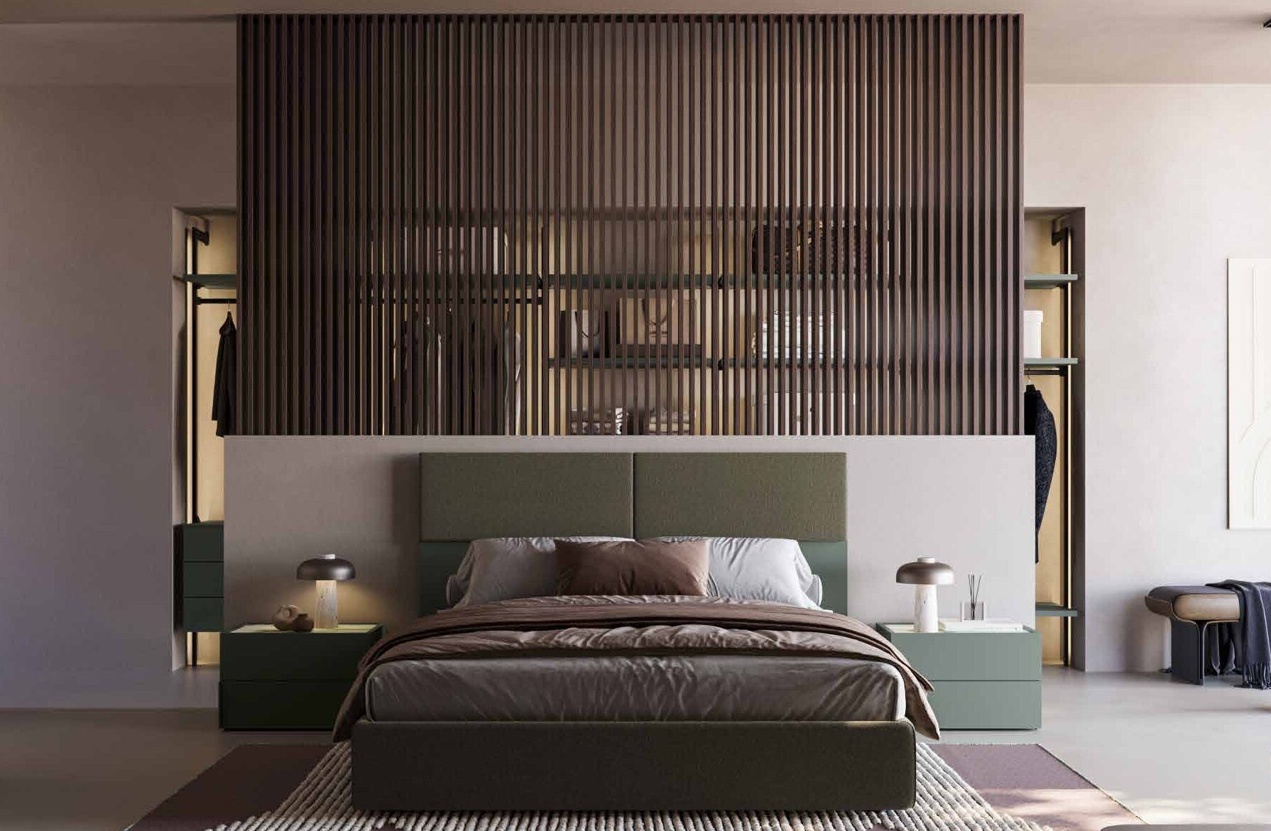 Pausa open walk-in wardrobe behind a bed, seen through a slatted screen