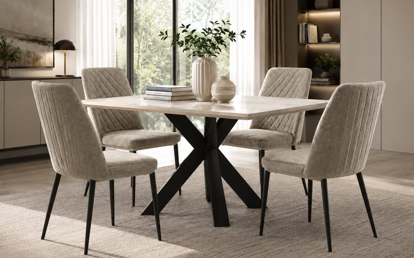Beige upholstered dining chairs in two stitch patterns around a stone-top table